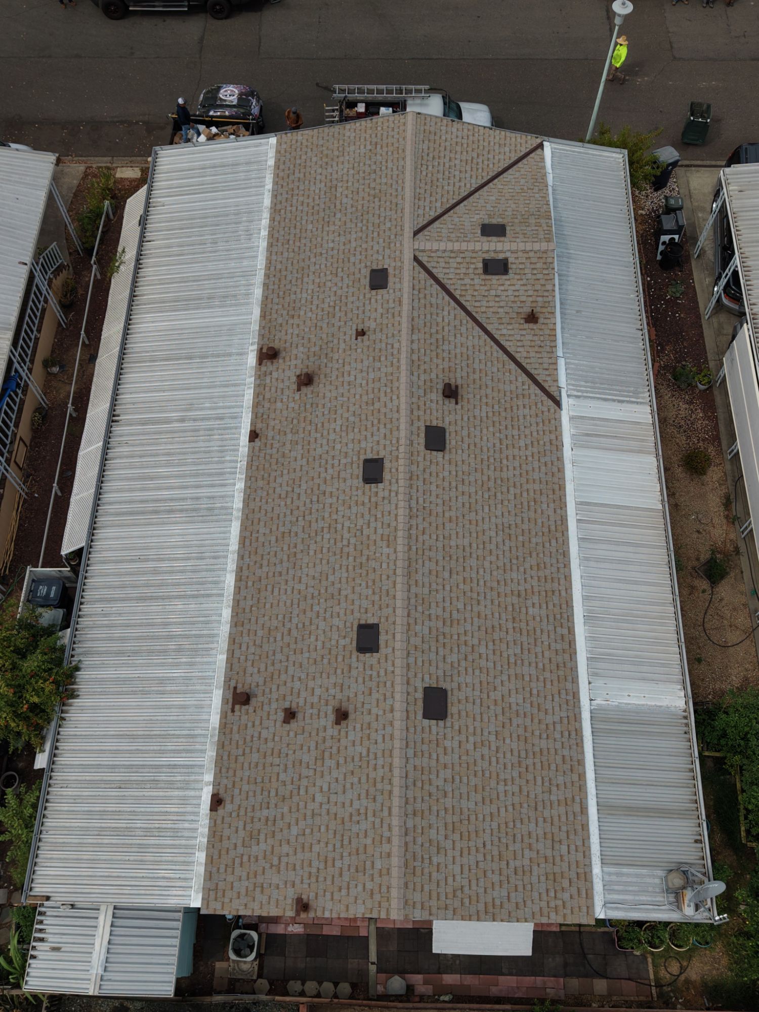 Aerial view of a second completed roof replacement in Sacramento, California.
