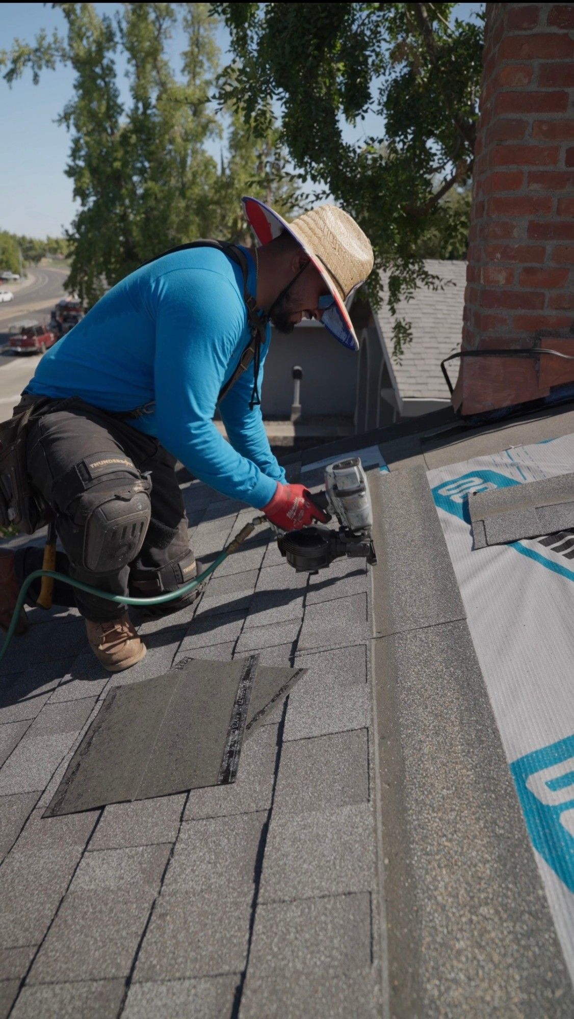 A Triple R crew member installing shingles during a roof replacement in North Highlands, California.